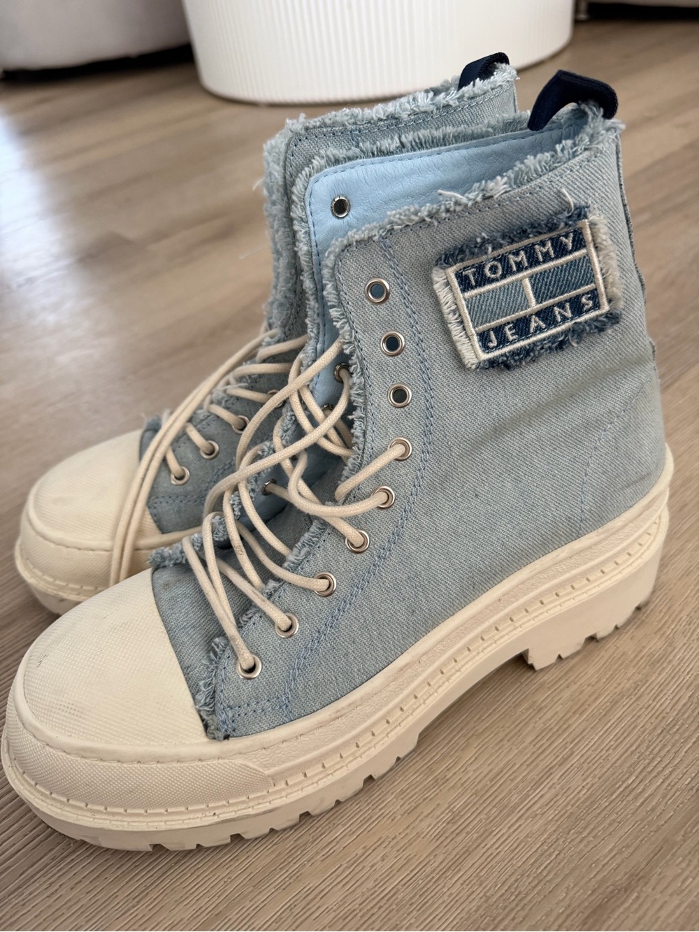 Tommy Hilfiger Light Blue Denim High-Top Boots with Cream Soles